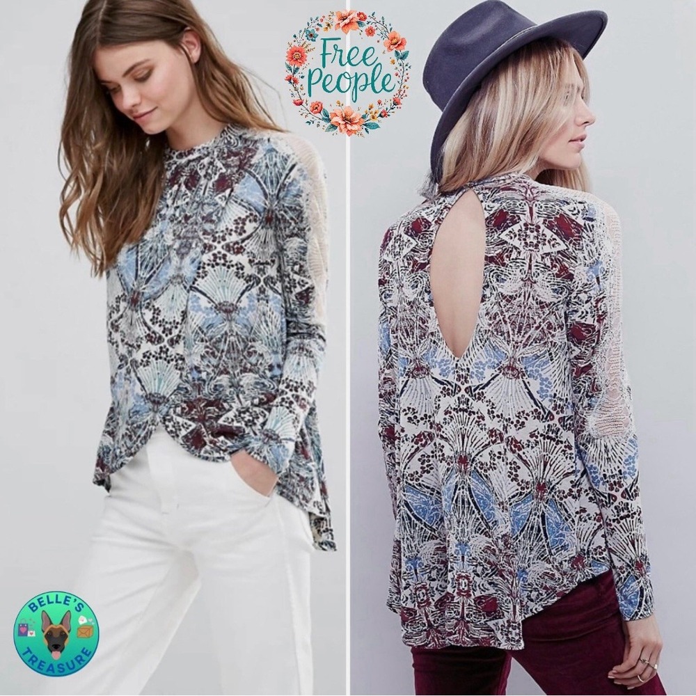 Free People Top Womens XS Tunic Snow Combo Lace Trim Floral Printed Keyhole Back